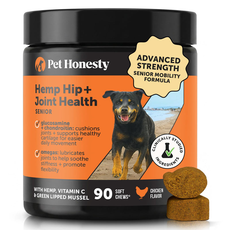 Senior Hemp Hip and Joint Supplement for Dogs - Glucosamine Chondroitin, MSM & Green Lipped Mussel - Relief for Joint Stiffness, Advanced Strength Mobility Support for Senior Dogs (Chicken, 90 Ct) Chicken - Senior