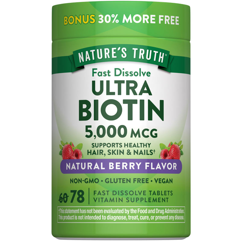 Nature's Truth Biotin | 5000mcg | 78 Fast Dissolve Tablets | Natural Berry Flavor | Vegan, Non-GMO & Gluten Free 78 Count (Pack of 1)