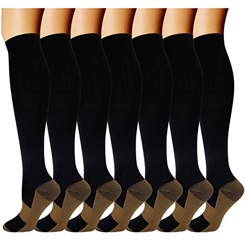7 Pairs Copper Compression Socks for Men Women 20-30 mmHg Knee High Socks Large-X-Large Black