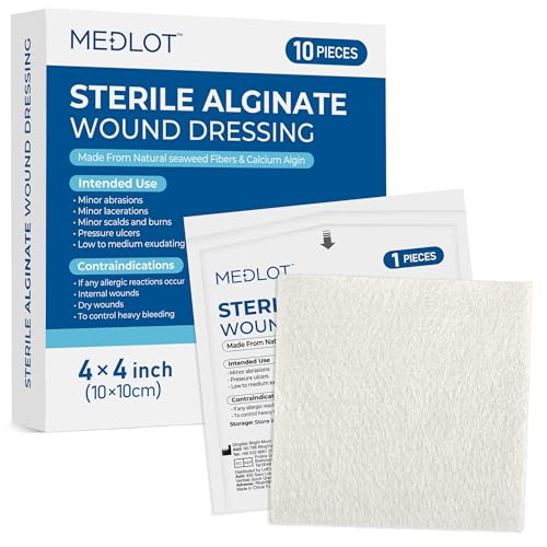LotFancy Calcium Alginate Wound Dressing, 4"x 4" Non-Stick Pads for Wounds 4"x 4" (10-Count)