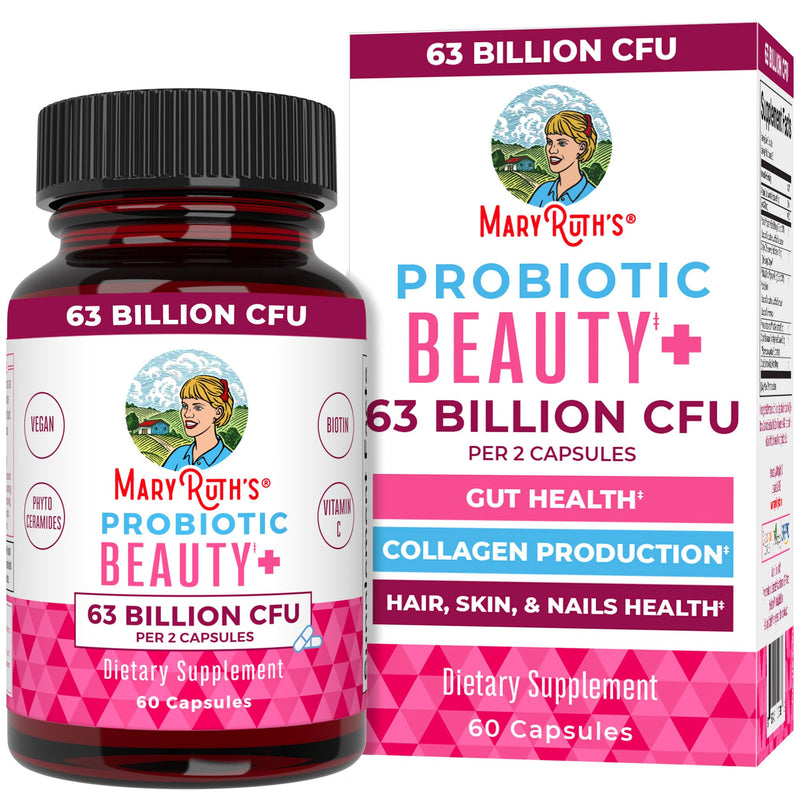 MARYRUTH'S Probiotic Beauty Capsules, Gut Health, Vegan Collagen Support | Red Orange Complex & Ceramosides, Anti Aging, Hair Skin and Nails Vitamins 60 Count (Pack of 1)