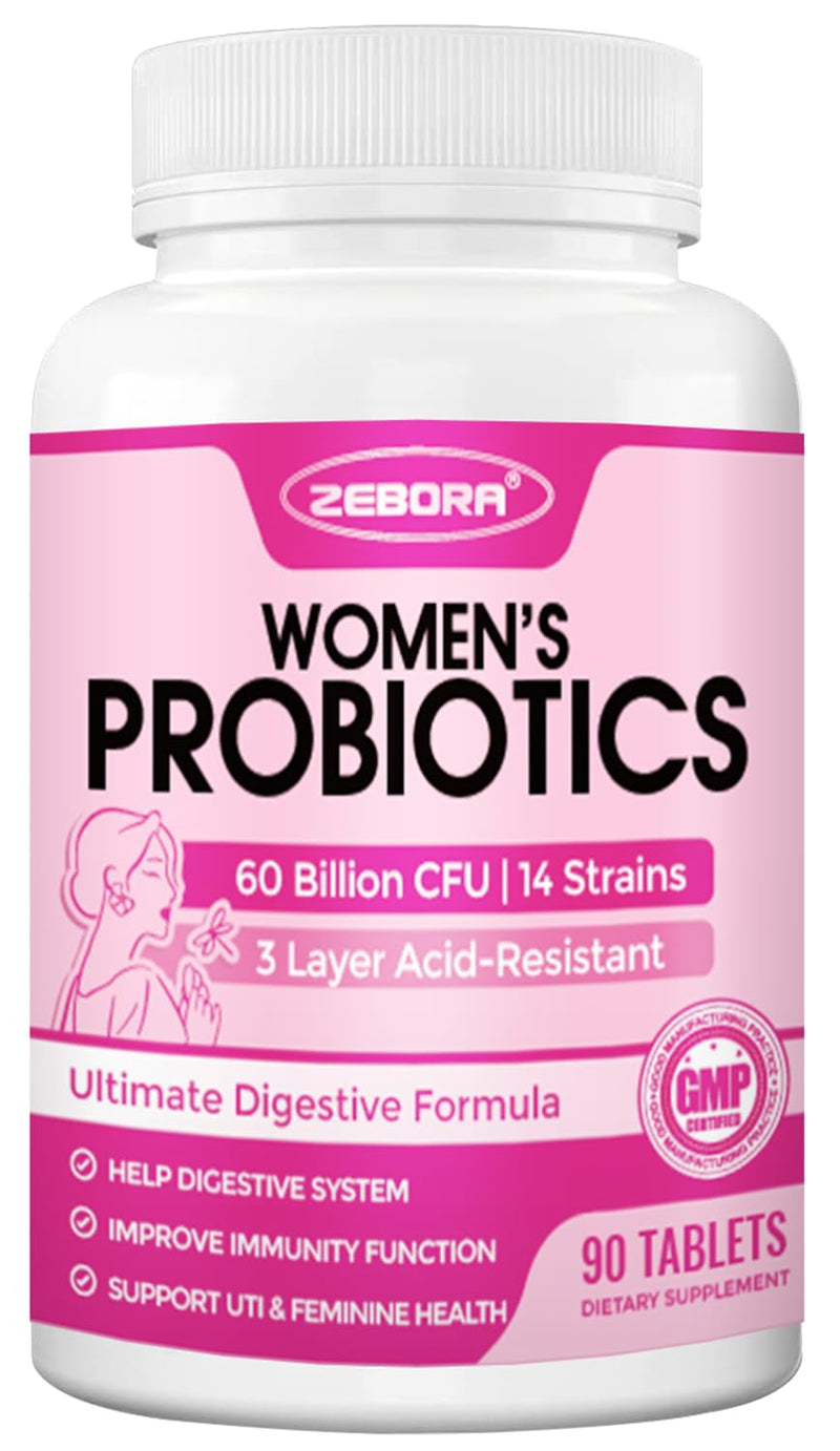 ZEBORA Probiotics for Women Digestive Health, 60 Billion CFU, 90 Tablets | Prebiotics and Probiotics for Immune Support and Gut Health, Gluten and Soy Free, Supports Healthy Digestion