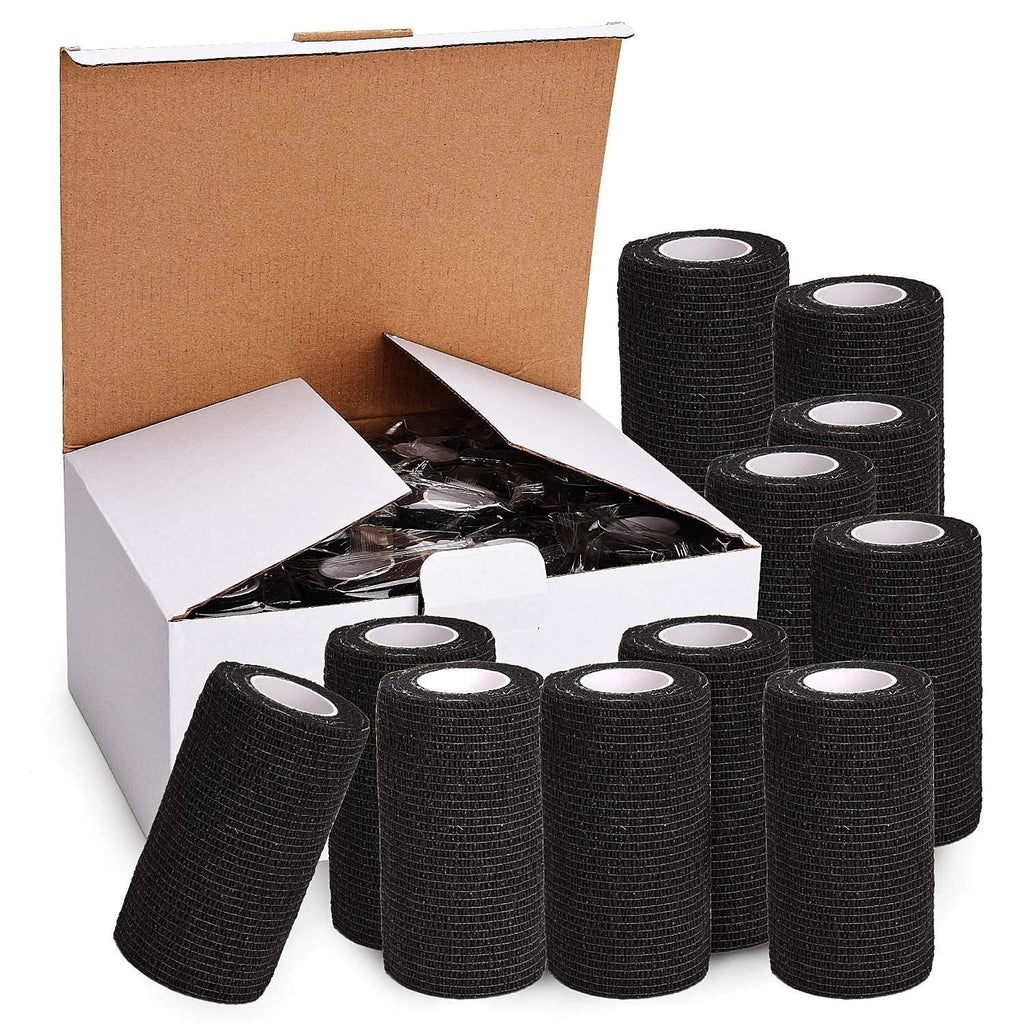 TOBWOLF 12PCS Self Adherent Bandage, 4"x5yd / 10cmx4.5m Cohesive Elastic Bandage Wrap, Breathable Sports Tape for Wrist Ankle Knee Leg Sprains Swelling - Black 4x180 Inch (Pack of 12)