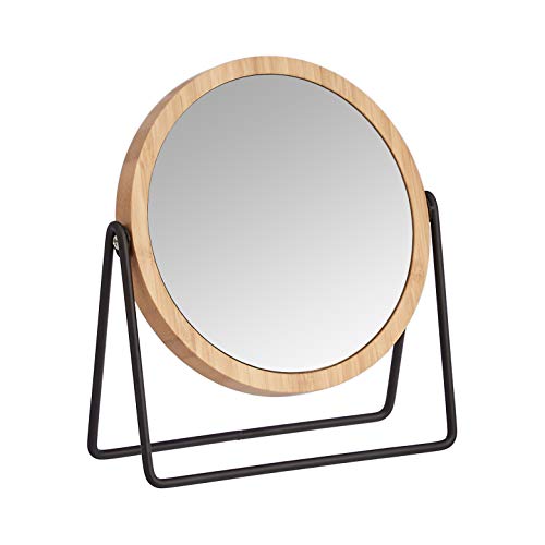 Amazon Basics Vanity Round Tabletop Mirror with Bamboo Rim, Double Sided Magnifying, 360° Rotation, Black, 7.2"L x 2.87"W 7.2"L x 2.9"W Bamboo Rim Without Base