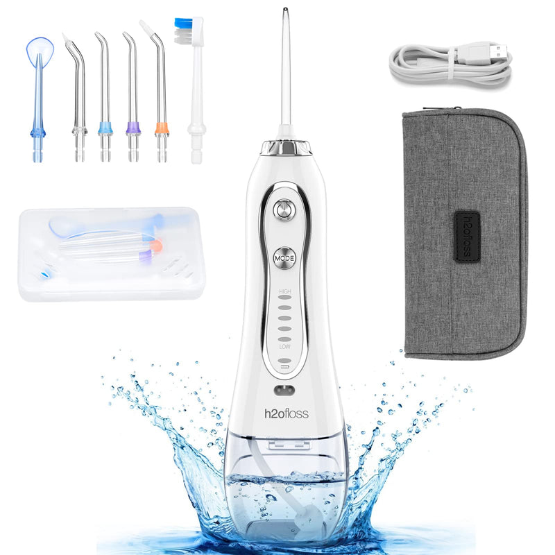H2ofloss Water Flosser Portable Dental Oral Irrigator with 5 Modes, 6 Replaceable Jet Tips, Rechargeable Waterproof Teeth Cleaner for Home and Travel -300ml Detachable Reservoir (HF-6) - BeesActive Australia