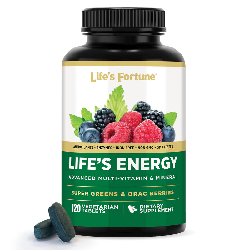 Life's Energy Advanced Daily Multivitamin for Men & Women, Energy & Immune Support Supplement with Super Greens - Antioxidants & Enzymes - Iron Free, Vegetarian, 120 Tablets by Life's Fortune 120 Count (Pack of 1)