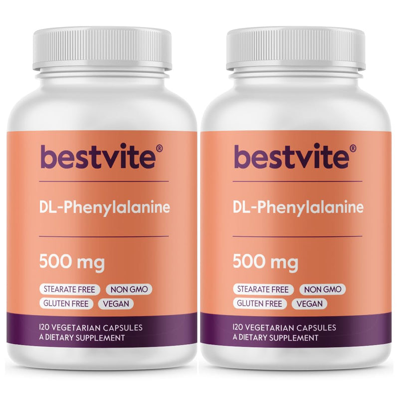 BESTVITE DL-Phenylalanine 500mg (240 Veg Caps) (120x2) - No Stearates | No Fillers - Vegan - Gluten Free - Non GMO - Amino Acid Supplement 1 Count (Pack of 240)