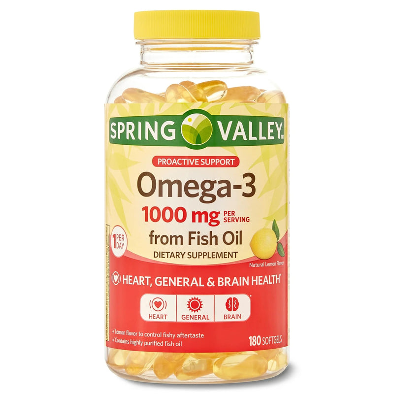 Spring Valley Omega-3 1000 mg from Fish Oil, Heart, Brain Health, Lemon,180 Softgels