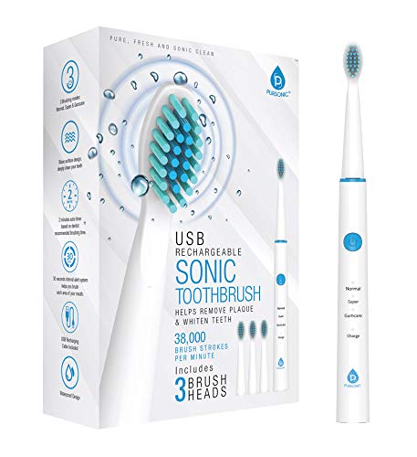 Pursonic Sonic Technology Electric Toothbrush for Ages to Adult, 2 Minute Timer Powered Rechargeable Toothbrush, 5 Modes 3 Brush Heads, 30 Days Long Battery Life, Waterproof 1 Count (Pack of 1)