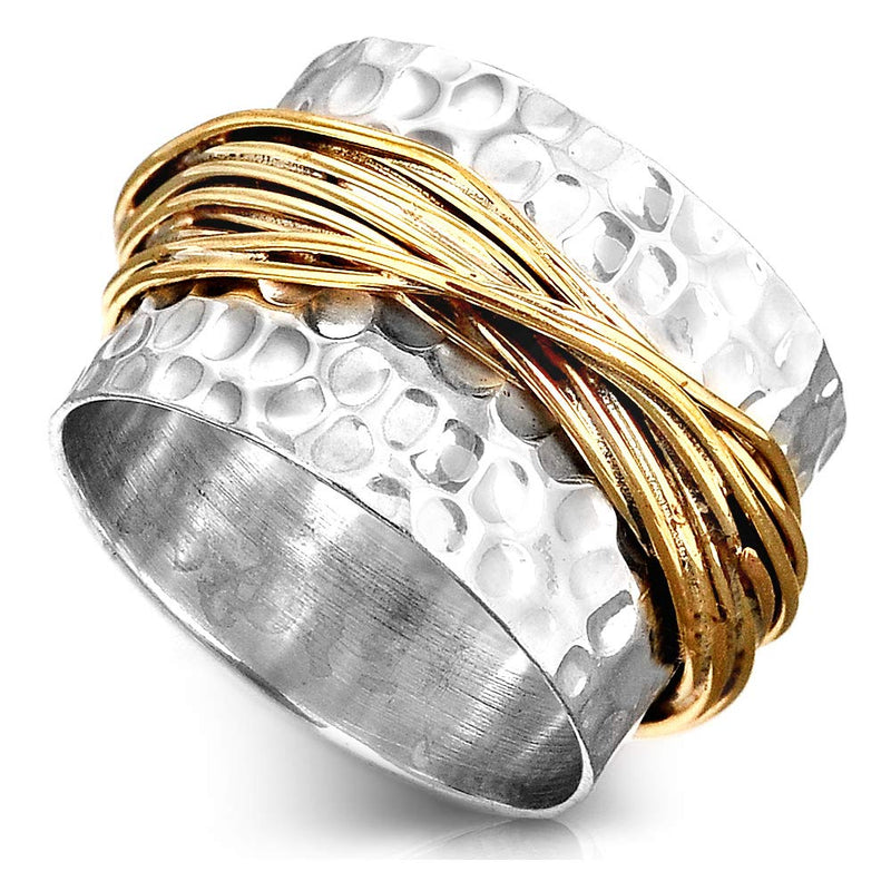 Boho-Magic 925 Sterling Silver Band Ring for Women with Brass Wrap Wide Statement Ring 11 - BeesActive Australia