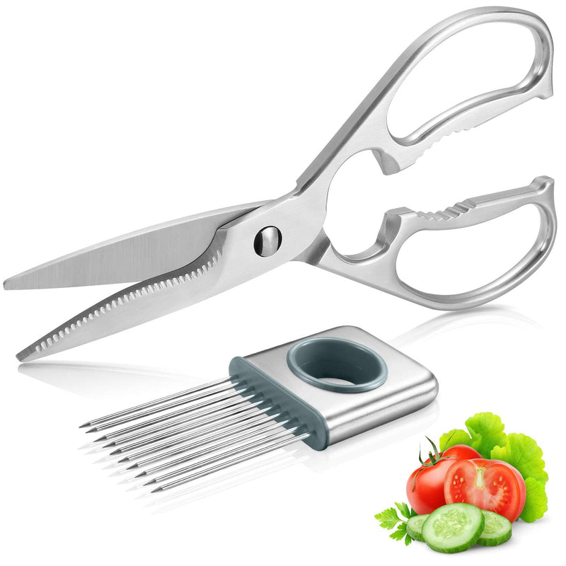 Multipurpose Kitchen Shears by WELLSTAR, Come Apart Heavy Duty German Stainless Steel Food Scissors for Cutting Meat Poultry Chicken Vegetable, Plus Handy Onion Slicing Holder, Gift Box Pack Satin Finish - BeesActive Australia