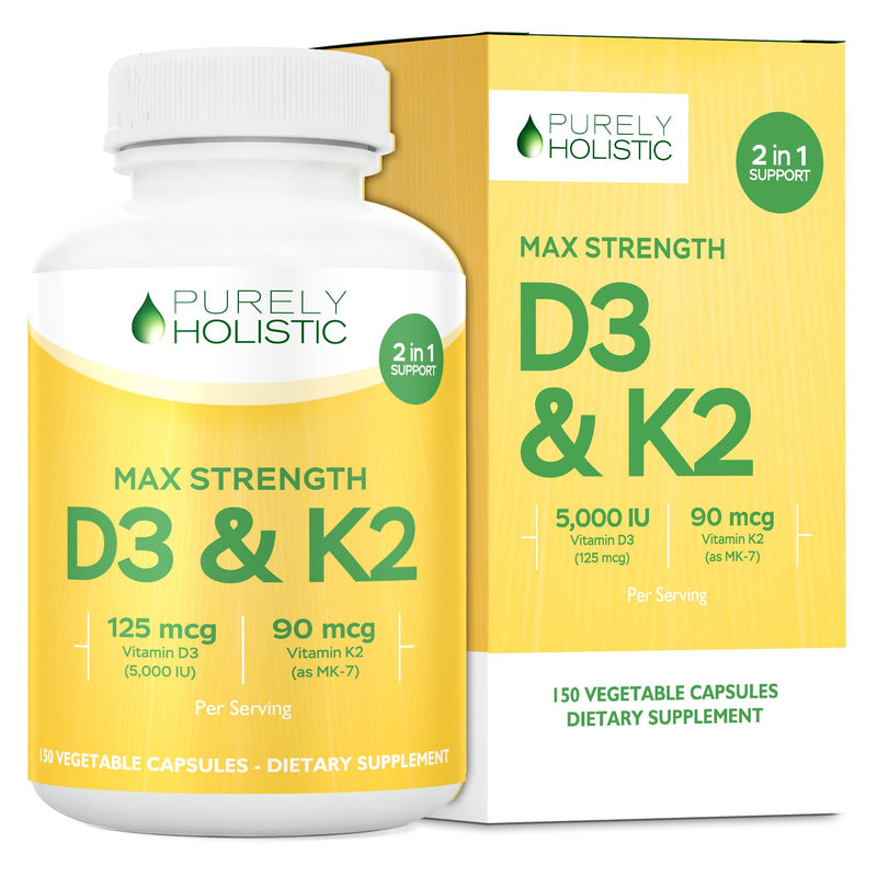 Vitamin D3 K2, 150 Servings, 5000iu D3 + 90mcg K2, Bone & Immune Support | Energy & Heart Health Support, High Absorption & Non-GMO, Once-Daily Vitamin Supplement, 150 D3K2 Capsules (5 Month Supply)