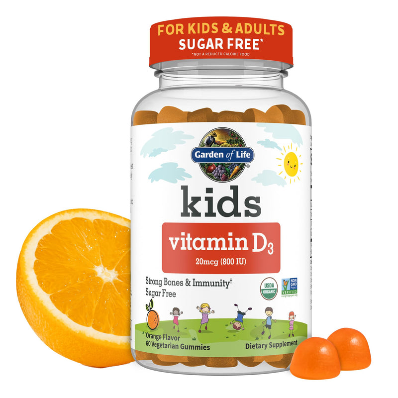 Garden of Life Kids Organic Vitamin D3 Gummies with 800 IU (100% Daily Value) for Strong Bones, Teeth, Brain & Immunity – Non-GMO, No Gluten, Vegetarian, Sugar Free, Orange Flavor, 60 Servings 60 Count (Pack of 1)