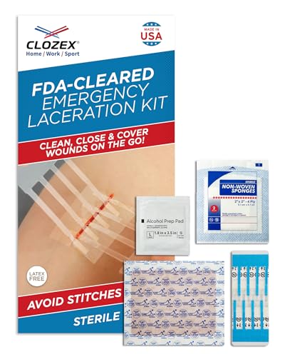 Clozex Emergency Laceration Kit - Repair Wounds Without Stitches, Skin Closure Device for a Wound Up to 1 1/2 Inches Length. Complete Kit to Clean, Close, & Cover Wounds 1.5 Inch