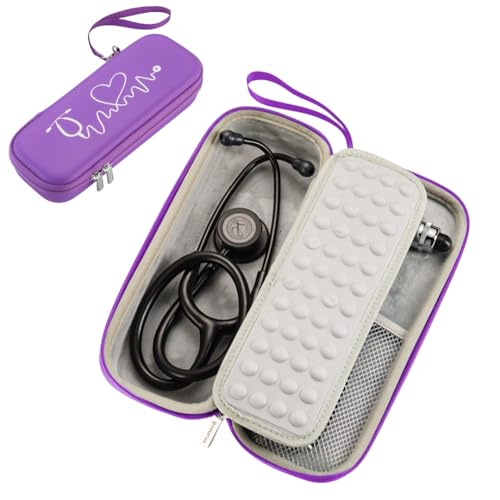 Hard Stethoscope Case for 3M Littmann Classic III, Lightweight II S.E, Cardiology IV Diagnostic, MDF Acoustica - ID Slot, Mesh Pocket for Nurse Accessories and Medical Supplies (Purple - Pu Leather) Purple