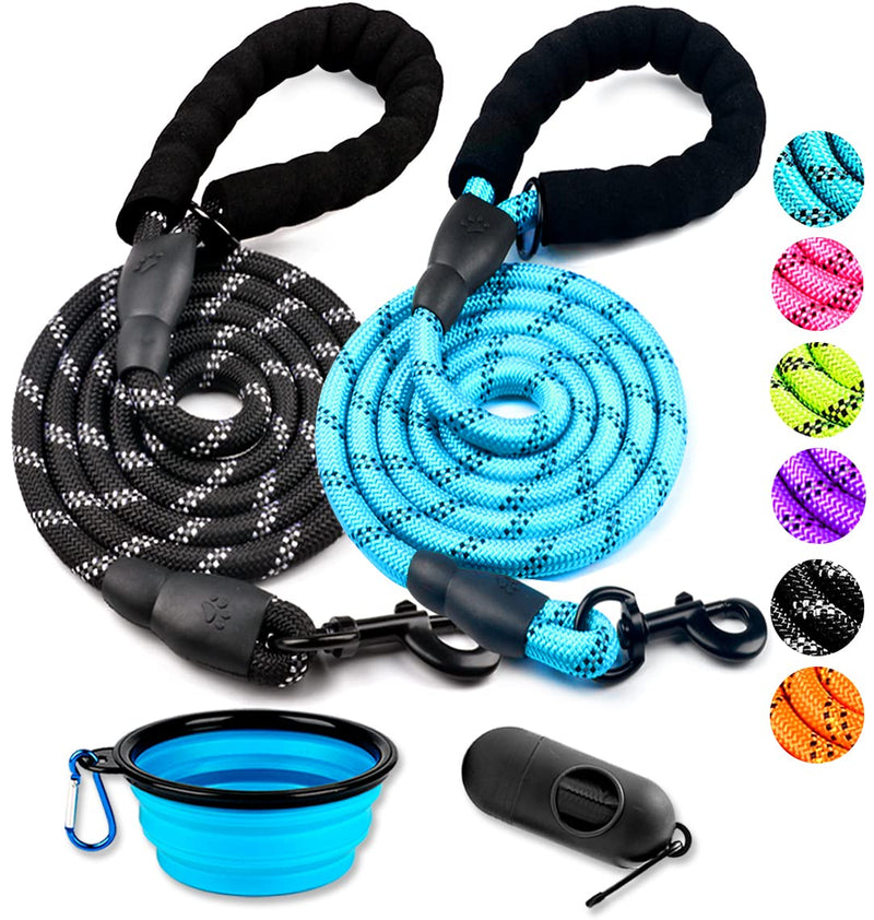 COOYOO 2 Pack Dog Leash 2/5/6 FT Heavy Duty - Comfortable Padded Handle - Reflective Dog Leash for Medium Large Dogs with Collapsible Pet Bowl Set 2-Black+Blue 1/2"x 5 FT (18~120 lbs.) - BeesActive Australia