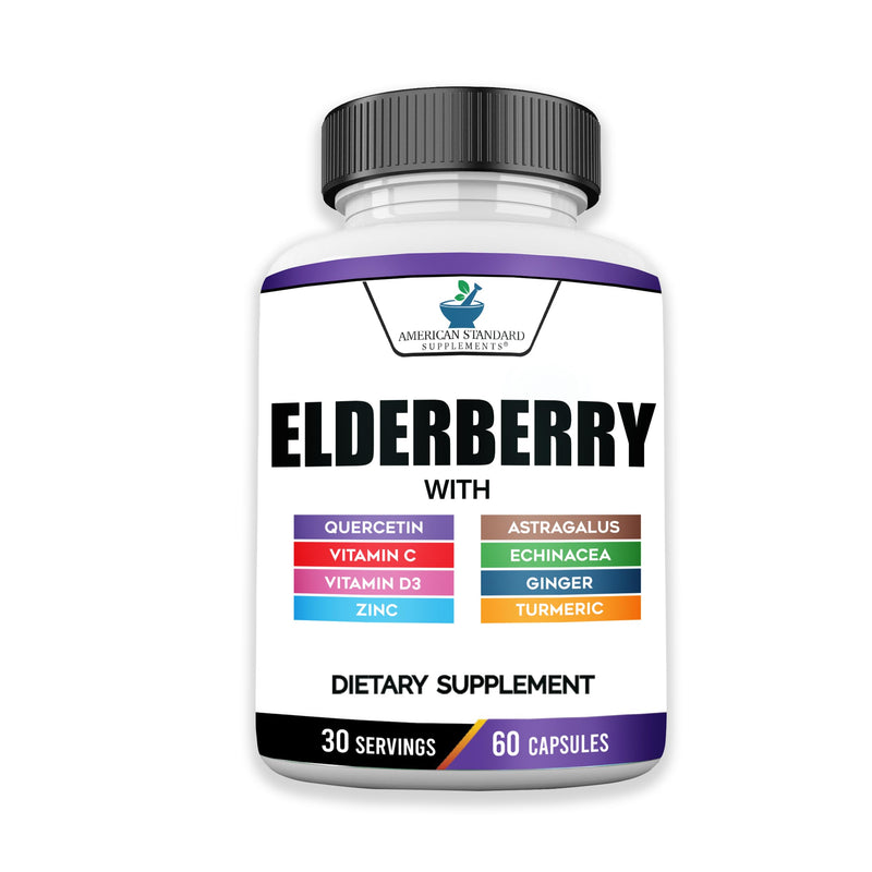 American Standard Supplements Elderberry Extract with Quercetin, Vitamin C, D3, Ginger, Zinc, Turmeric, Astragalus and Echinacea – 60 Capsules, 30 Servings 60 Count (Pack of 1)