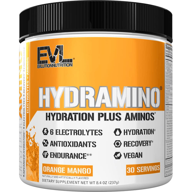 Evlution Nutrition HYDRAMINO Complete Hydration Multiplier, All 6 Electrolytes, Vitamin C & B, Fluid Boosting Aminos, Coconut Water, Endurance, Recovery, Antioxidants, 30 Serve, Orange Mango - BeesActive Australia