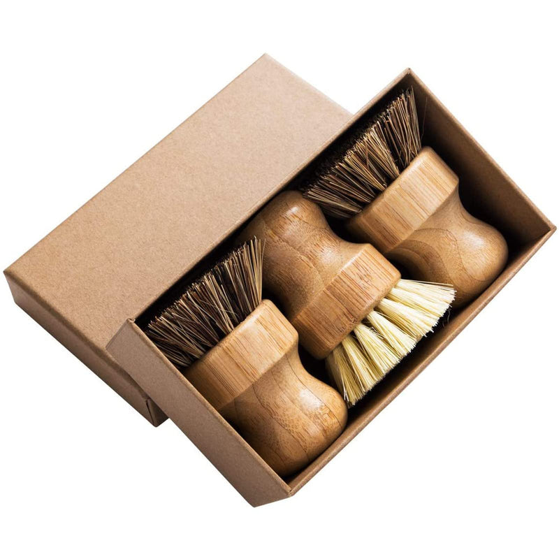 Palm Pot Brush- Bamboo Round 3 Packs Mini Dish Brush Natural Scrub Brush Durable Scrubber Cleaning Kit with Union Fiber and Tampico Fiber for Cleaning Pots, Pans and Vegetables - BeesActive Australia