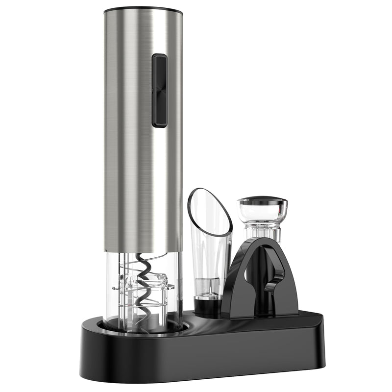 Crenova 6-in-1 Wine Opener Electric Rechargeable Automatic Corkscrew Bottle Opener set with Vacuum Stopper, Aerator Pourer, Foil Cutter, Display Base & USB Charging Cable, Silver - BeesActive Australia