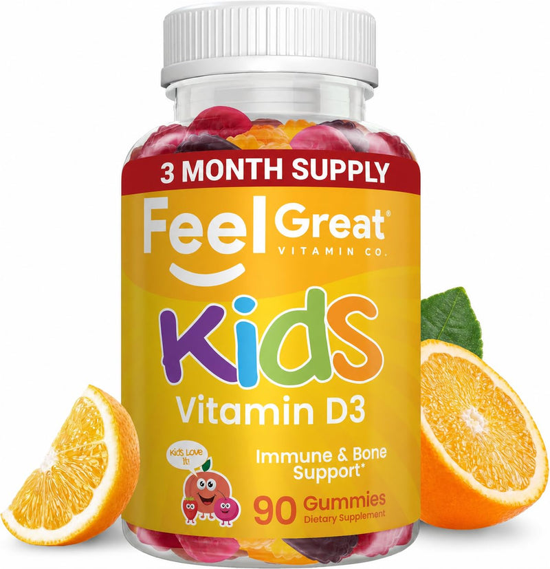 Feel Great Kids Vitamin D3 1000 IU Gummies, Bone & Immune Support, 90ct | Vitamin D3 for Immune & Bone Support, Citrus Flavor, Vegetarian Gummy, Year-Round Sunshine Nutrient Kids Vitamin D 90