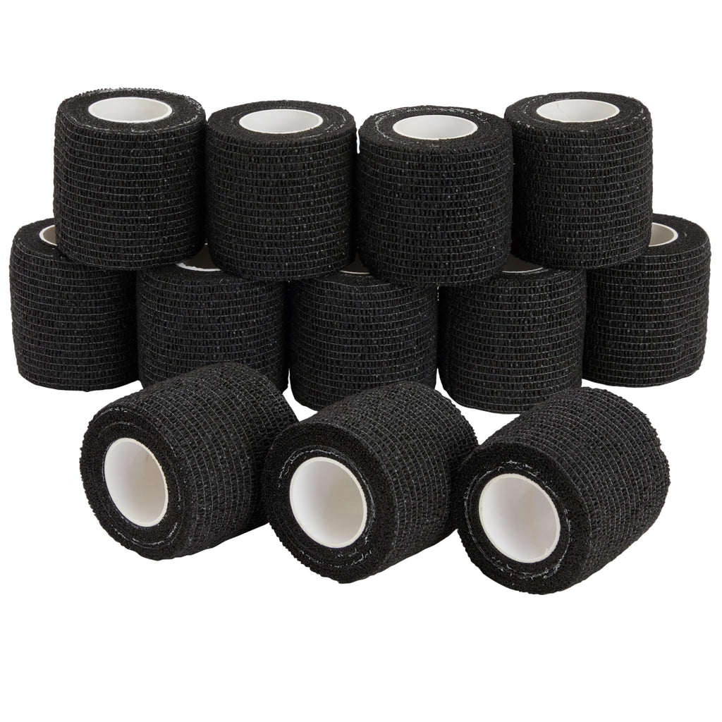 Juvale 12-Rolls Self Adhesive Bandage Wrap, Vet Tape - 2 in x 5 Yds Breathable, Elastic Cohesive Wrap Tape for Wrist, Swelling, Sports, Tattoo (Black)