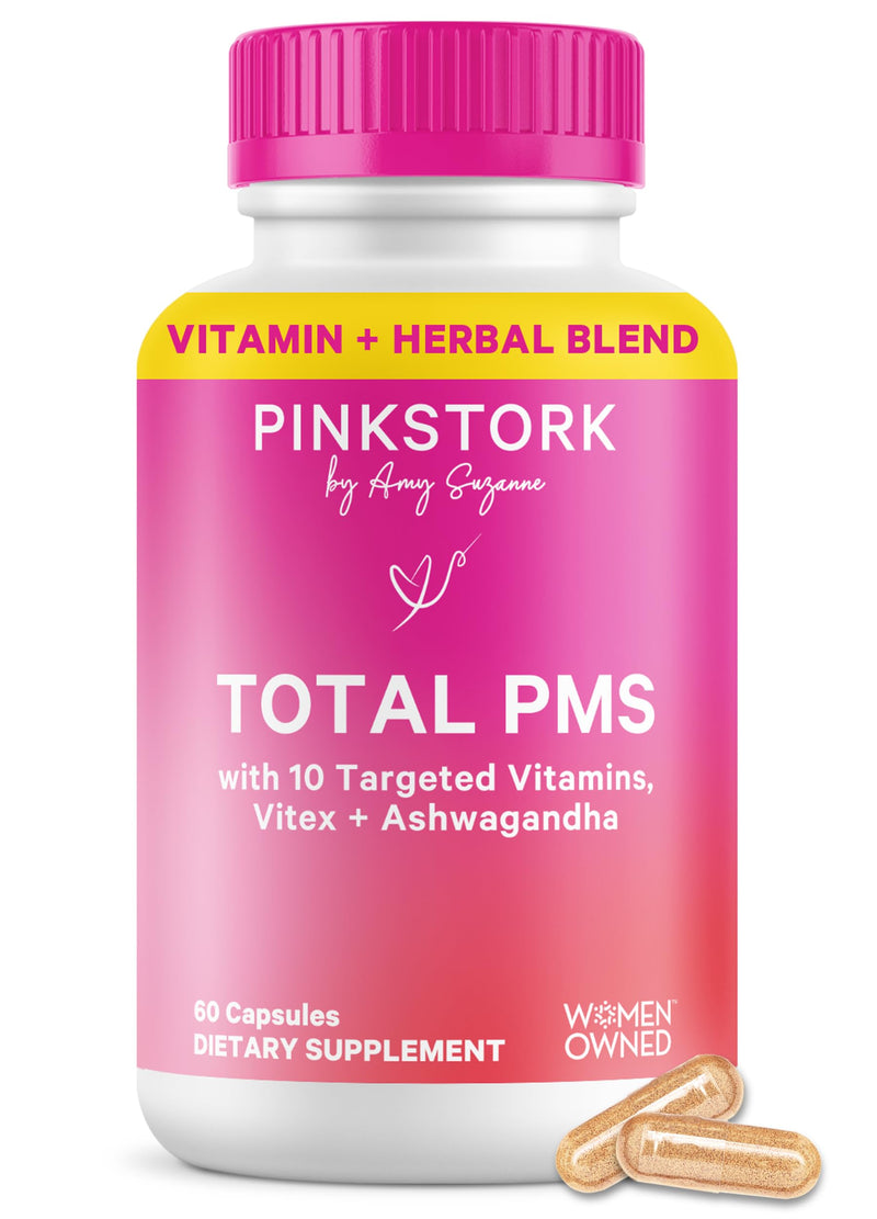 Pink Stork PMS Supplement for Women, Hormone Balance Support, 60 Count | Vitex, Ashwagandha, Maca Root, 10 Vitamins & Minerals, Support PMS Comfort, Mood, Bloating, Period Regularity