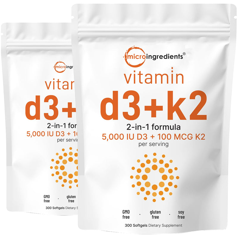 Micro Ingredients Vitamin D3 5,000 IU + K2 MK-7 100 mcg, 2 Pack (600 Softgels) | Liquid-Filled with Sunflower Oil | 2-in-1 Vitamins D & K Complex | Extra Strength, Easy to Swallow, Non-GMO, No Gluten 300 Count (Pack of 2)