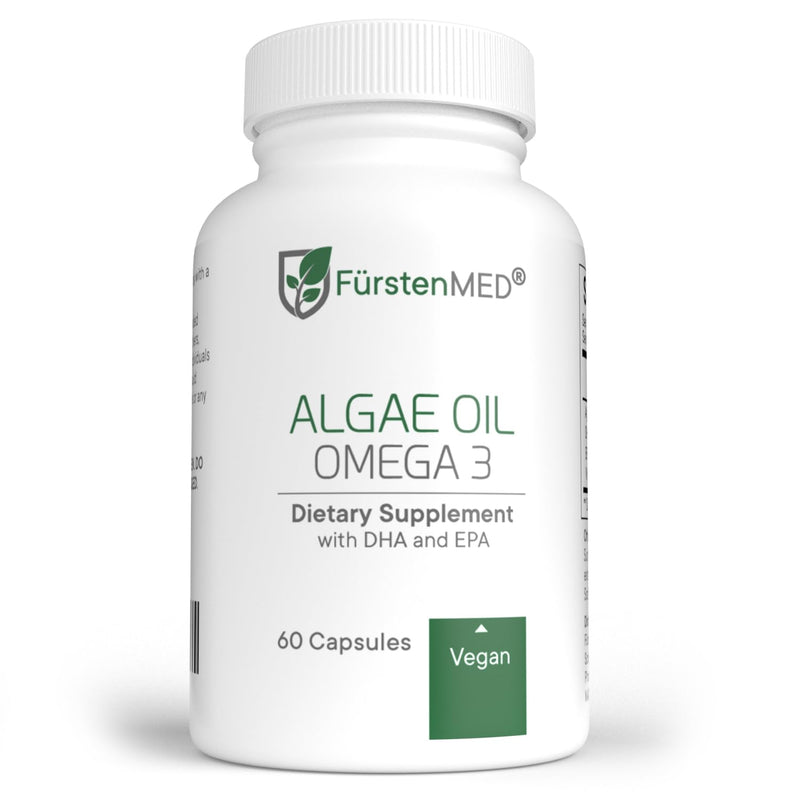 FürstenMED Algae Oil Vegan Omega 3 - Heart, Brain & Joint Health Support - 2000mg Algae Oil of which 700mg DHA & 320mg EPA + 3, 6mg Vitamin E per Daily Dose - Essential Fatty Acids 1 Count (Pack of 60)