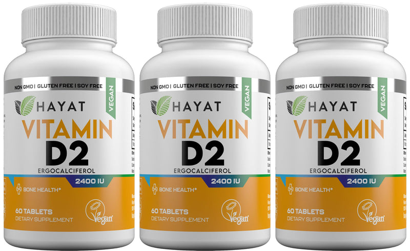 HAYAT Vitamins Vegan Natural Vitamin D 2400 IU, D2, Certified Halal (Pack of 3) 60 Count (Pack of 3)
