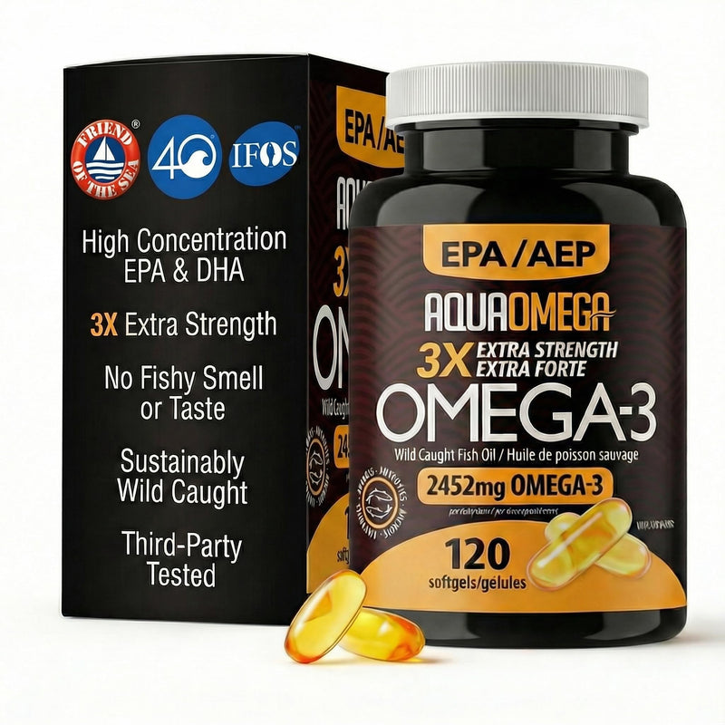 AQUAOMEGA 3X Extra Strength Omega-3 Fish Oil for Heart, Brain & Immune Support, 1636mg EPA, 544mg DHA + Vitamin D3, Full Natural Triglyceride Form, Wild Caught, IFOS 5-Star Certified (120 Softgels) 120 Count (Pack of 1)
