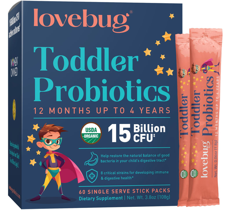 LOVEBUG Award Winning Probiotics | Constipation & Stomach Discomfort | Softer Bowel Movements | Easy-to-Take Powder | Ages 12 Months to 4 Years | 60 Packets 60 Pack (Pack of 1)