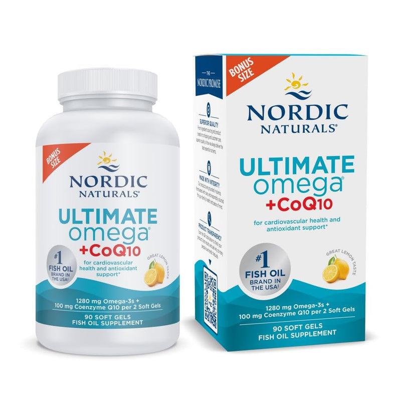 Nordic Naturals Ultimate Omega + CoQ10, Lemon - 90 Soft Gels - 1280 mg Omega-3 + 100 mg CoQ10 - Heart Health, Cellular Energy, Antioxidant Support - Non-GMO - 45 Servings 90 Count (Pack of 1)