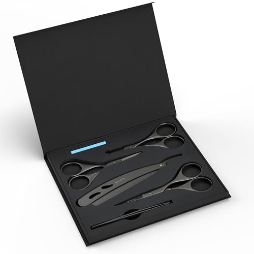 Suvorna Premium Beard & Mustache Set with Beard scissors for men, Straight Razor with blades- Facial Hair/Nose/Eyebrow Scissors - Slant Tweezers (6 Pcs Black) 4.5" Beard & Mustache Scissors