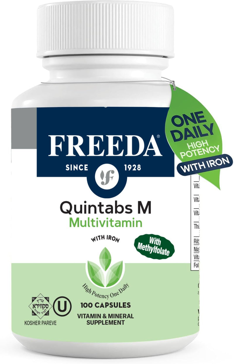 FREEDA Multivitamin – Quintabs-M with Iron – Kosher Multi Vitamins Supplements for Women Health - Multivitamins for Women & Iron-Deficient Men Adult Vitamins Multivitamin (100) | Kosher Multivitamin with Iron Formulated for Women & Men - Supporting Dai...