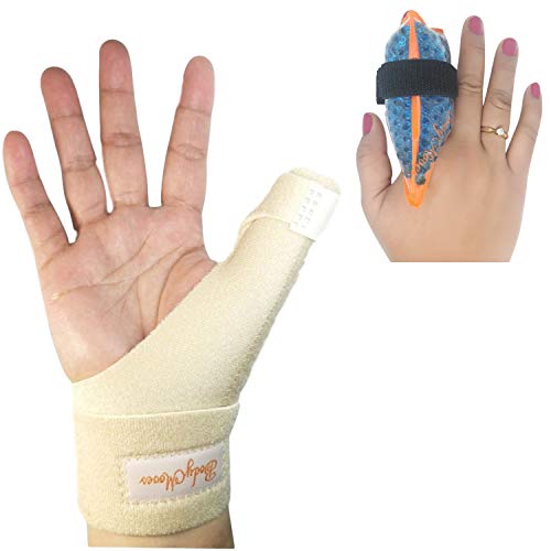 BodyMoves New Thumb Splint Brace Plus Finger Hot and Cold Gel Pack- tenosynovitis, Tendonitis, Trigger Thumb spica,Carpal Tunnel, CMC Adjustable wrist and Reversible Left Right Hand (Desert Sand) Desert Sand