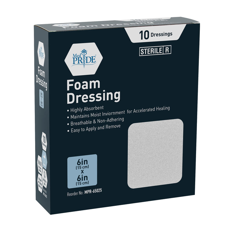 MED PRIDE Foam Dressings -10 Pack, 6'' x 6'' - Sterile, Hydrophilic, Highly Absorbent- Soft, Non-Adhesive Pads, Waterproof Dressing for Wound Care & Ulcers, Post Op Trauma + Injuries 6X6 Inch (Pack of 10) - BeesActive Australia