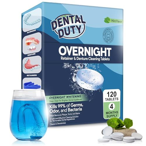 Dental Duty Overnight Retainer Cleaner Tablets – Deep Clean Invisalign & Denture Cleaning Tablets for Aligners, Mouthguards & Night Guards – Removes Odor, Plaque & Stains – 120 Count