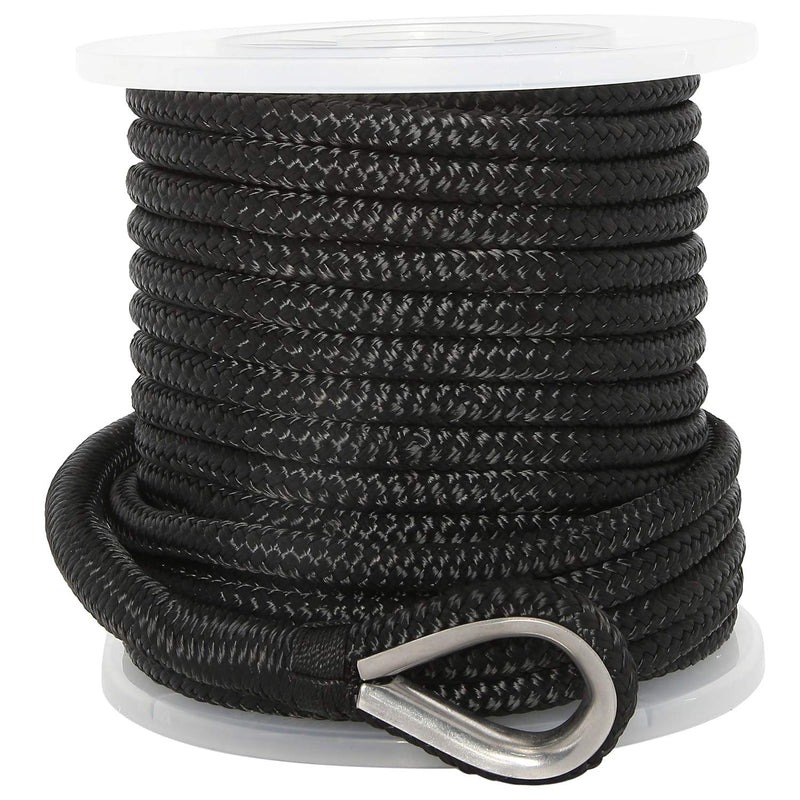 NovelBee 1/2 Inch X 50 Feet Double Braid Nylon Anchor Line with Stainless Steel Thimble and Plastic Chuck (Black) Black - BeesActive Australia