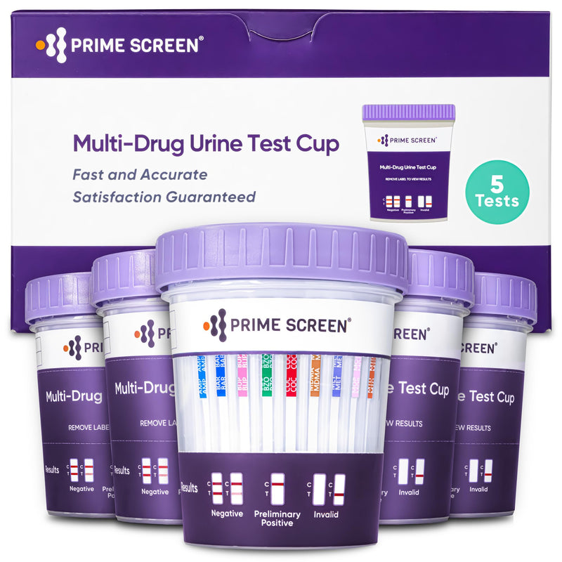 Prime Screen® Multi-Drug Urine Test Cup - 12 Panel Drug Test - Instant Testing Marijuana (THC),OPI,AMP, BAR, BUP, BZO,COC, mAMP, MDMA, MTD, OXY, PCP - [5 Pack] 5 - BeesActive Australia