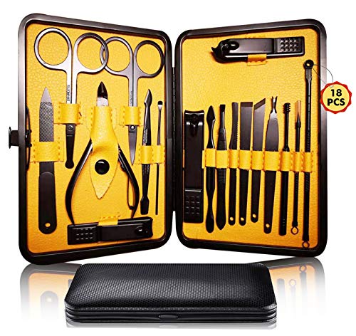 Manicure Pedicure Kit Nail Clippers Set 18 in 1 High Precision Stainless Steel Cutter File Sharp Scissors for Men & Women Fingernails & Toenails Vibrissac Scissors with Stylish Case (Yellow_18in1) Yellow_18in1
