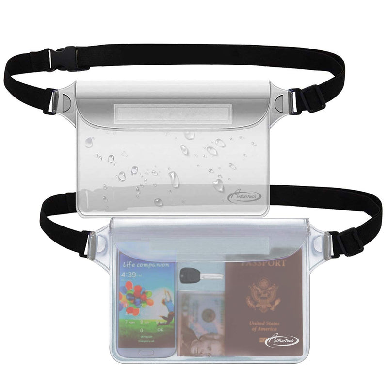 AiRunTech Waterproof Pouch with Waist Strap (2 Pack) | Beach Accessories Best Way to Keep Your Phone and Valuables Safe and Dry | Perfect for Boating Swimming Snorkeling Kayaking Beach Pool Water Park Clear + Clear