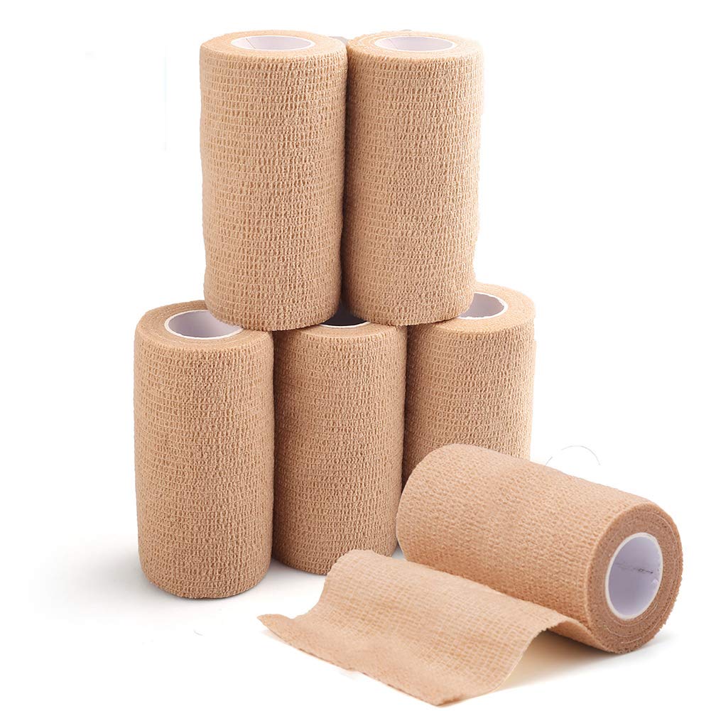 LotFancy Self Adhesive Bandage Wrap, 6 Pack, 4 in x 5 Yards, Non Woven Elbow Cohesive Bandage, First Aid Medical Tape for Ankle, Knee & Wrist Sprains, Tan Color 4x180 Inch (Pack of 6)