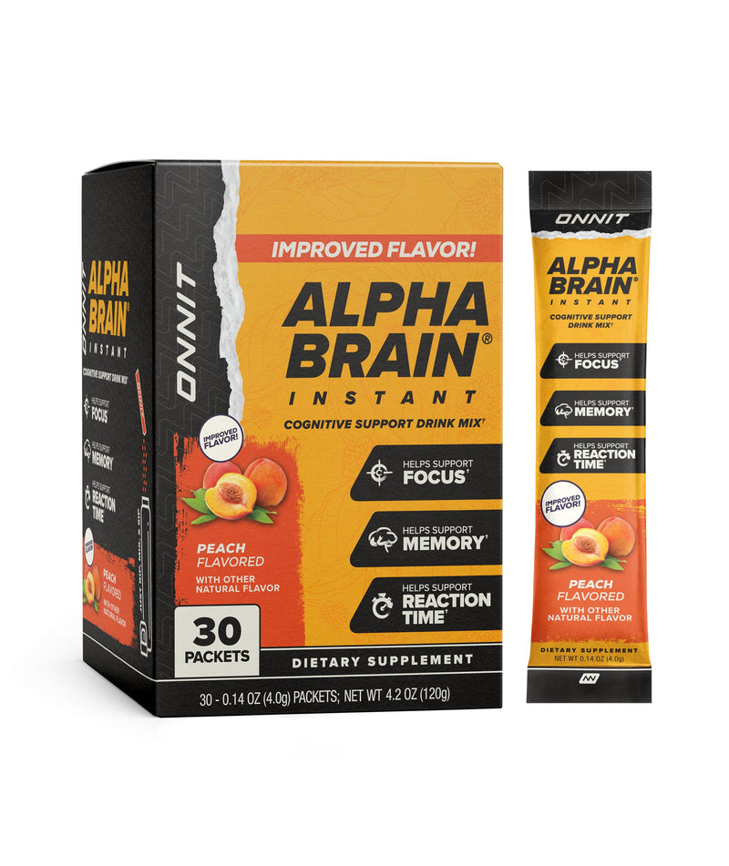 ONNIT Alpha Brain Instant Nootropic Focus Drink Mix, Peach, 30 Packets | Nootropic drink mix packets; L-Theanine, Alpha GPC & B6 support focus, memory & mental clarity; on-the-go brain supplement