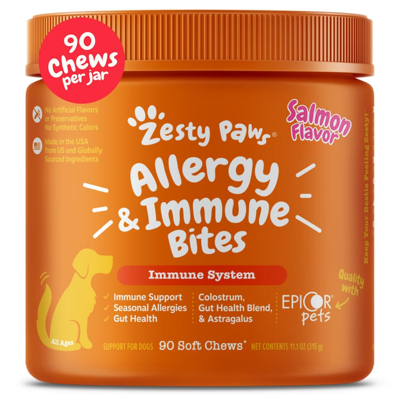 Zesty Paws Dog Allergy Relief Chews, Dog Probiotics for Itchy Skin and Ears, Salmon, 90ct 90 Count (Pack of 1) - Standard