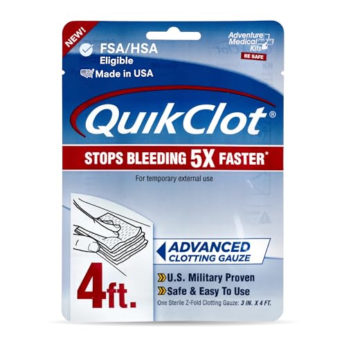 Adventure Medical Kits QuikClot Advanced Clotting Gauze - Stops Bleeding Up to 5X Faster Than Standard Gauze - Kaolin Hemostatic Dressing - for First Aid Kits & Survival Gear - 3 x 48 3 in x 4 ft