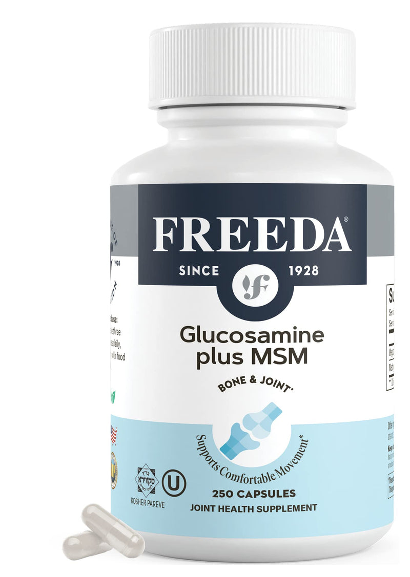 FREEDA Glucosamine MSM - Vegan Glucosamine with MSM Supplement - Bone & Joint Health Supplement - Vegetarian Glucosamine without Shellfish - Bone & Joint, Knee Supplement for Mobility (250 Capsules) 250 Count (Pack of 1) - BeesActive Australia