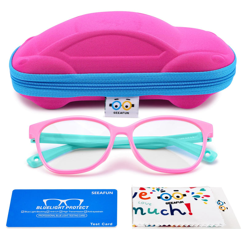 Blue Light Glasses for Kids Girls Boys with Cute Car Case, UV400 Protection, Anti Blue Ray Age3-12 Pink/ Green - BeesActive Australia