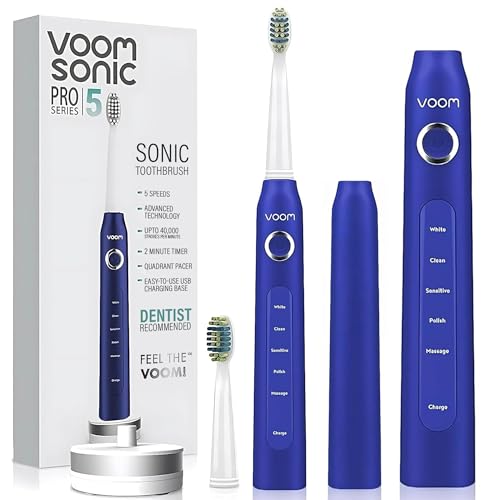 Voom Sonic Pro 5 Series Ultrasonic Electric Toothbrush for Adults (Blue) – USB Rechargeable 40,000 Strokes/Minute – 5 Speeds – Bathroom Essentials & Travel Essentials Blue
