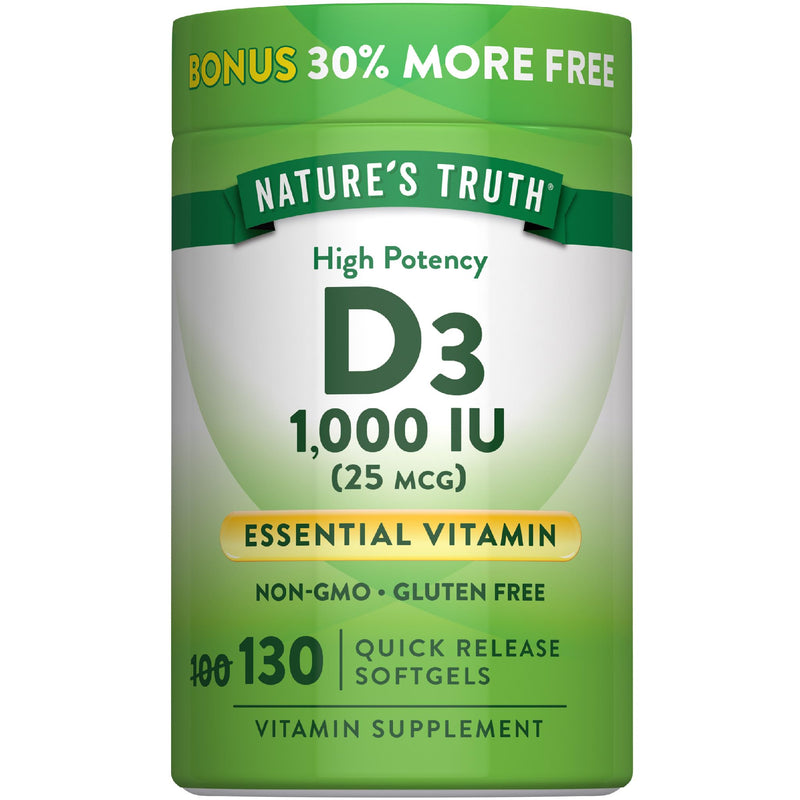Nature's Truth Vitamin D3 1000 IU Softgels | High Potency Formula | 25 mcg | Non-GMO & Gluten Free Supplement 130 Count (Pack of 1)